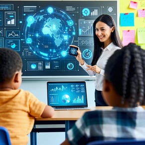 An engaging classroom scene where📌 A teacher is using an AIpowered assistant for lesson planning